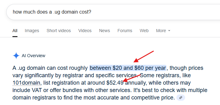 Google search of cost of .ug domains