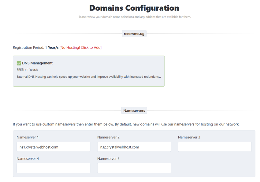 domain checkout process at crystal webhosting