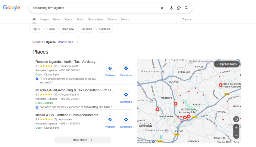 google business profile results for .ug domain