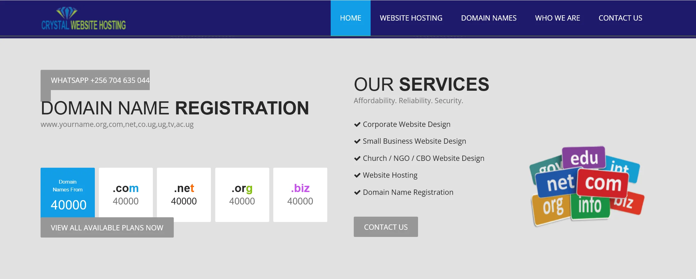 Crystal Website Hosting page advertising dot com dot net dot org and dot biz domains at UGX 40000