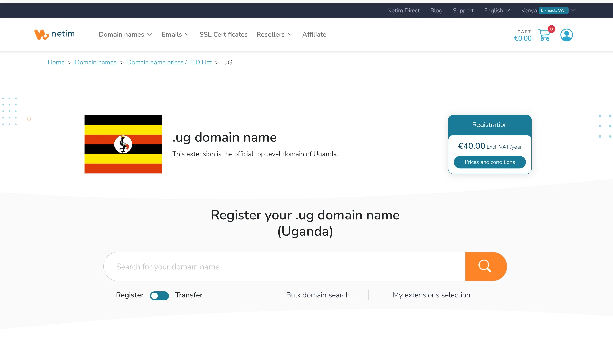 NETIM Uganda domain page showing registration at 40 euros excluding VAT per year