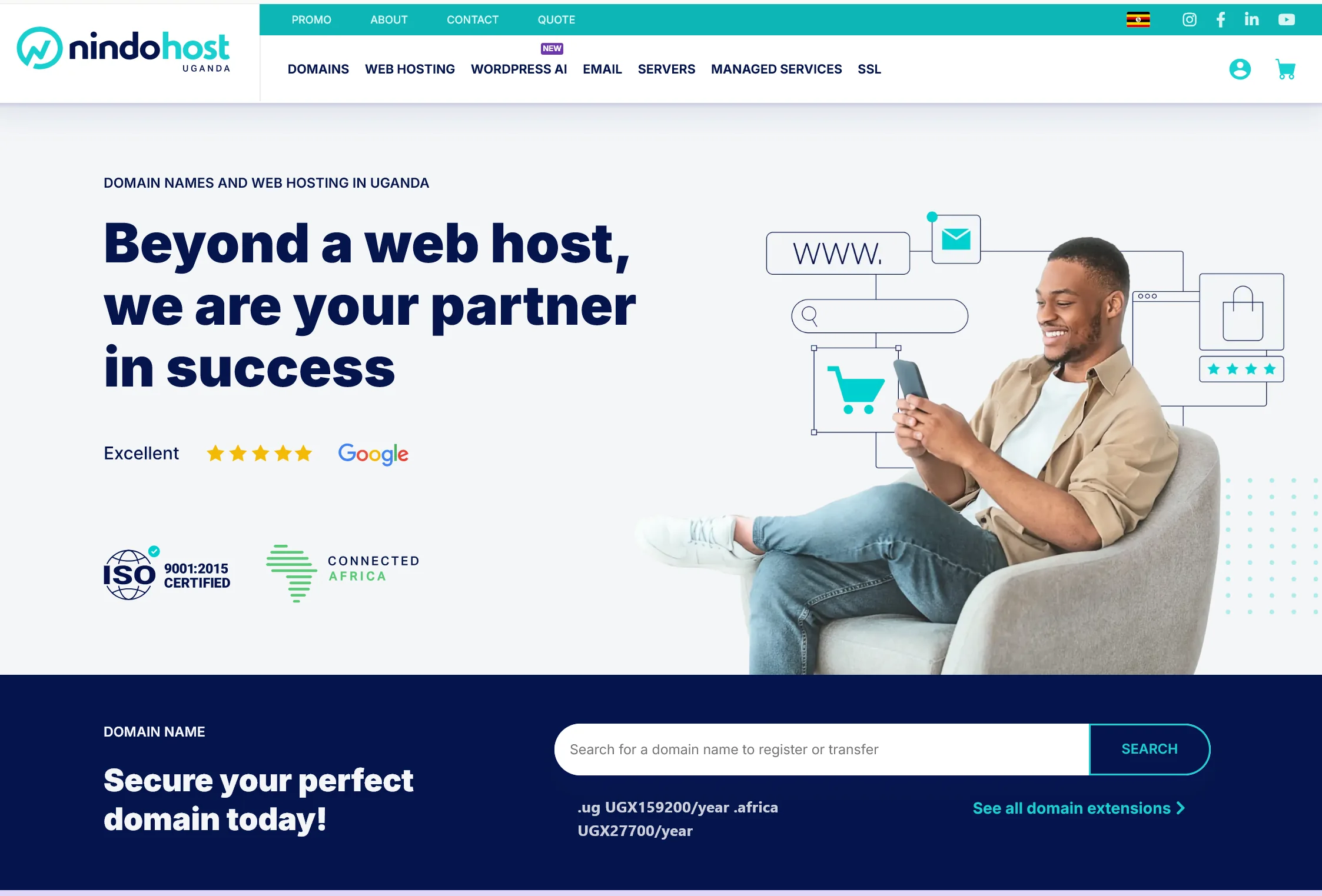 Nindohost Uganda homepage advertising a dot ug domain at UGX 159200 per year