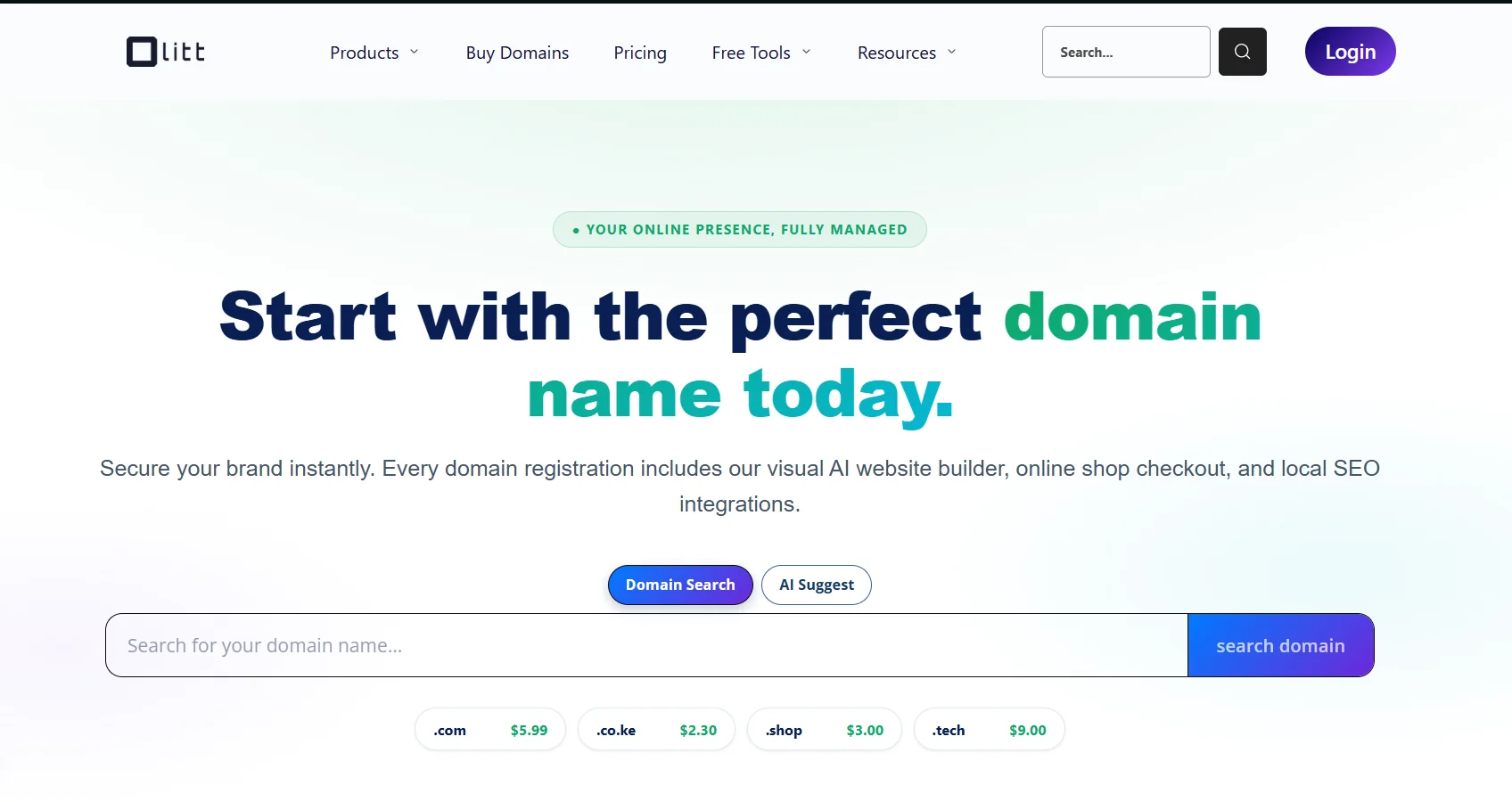 Olitt domain search page advertising dot com at US$5.99 and other promotional domain prices